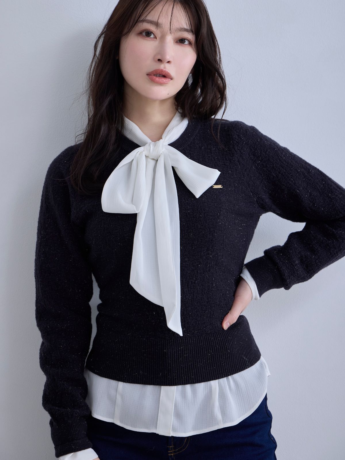 [12/11 22:00発売 期間限定 300円OFF]ジャカードラメニット：ネイビー[102サイズ対応]