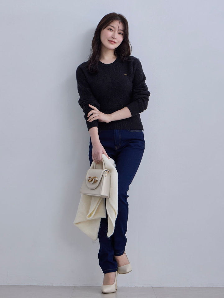 ☆新品未使用☆OverE(オーバーイー）ジャカードラメニット U65 ネイビー ジャカードラメニット：ネイビー│胸が大きな女性のためのファッション