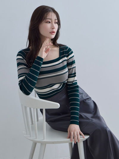 [11/20 22:00再販]スクエアネックマルチボーダーニット：ダークグリーン[102サイズ対応]