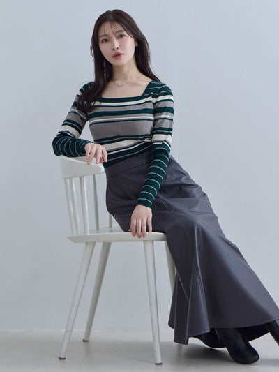 [11/20 22:00再販]スクエアネックマルチボーダーニット：ダークグリーン[102サイズ対応]