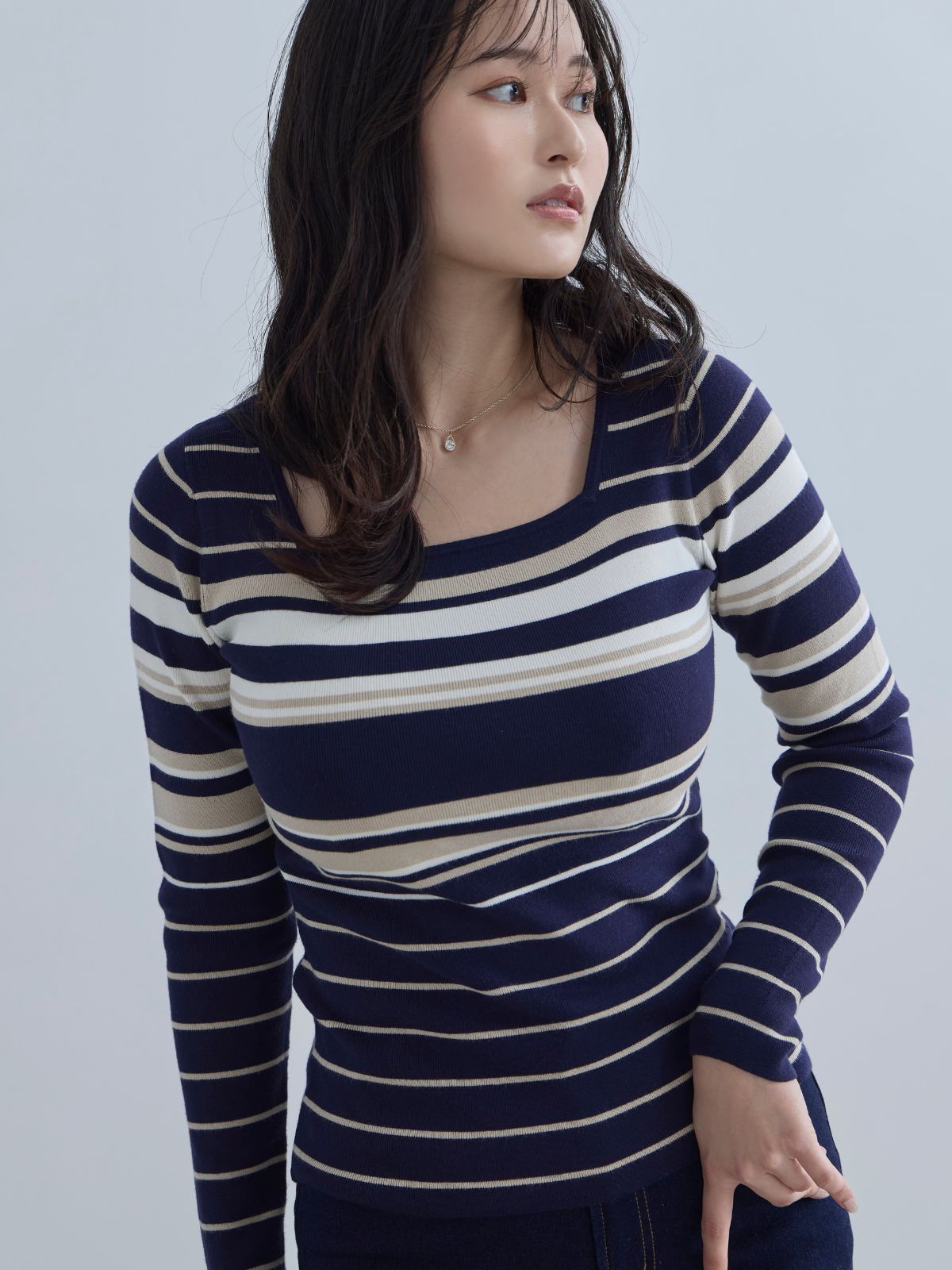 [11/20 22:00発売]スクエアネックマルチボーダーニット：ネイビー[102サイズ対応]