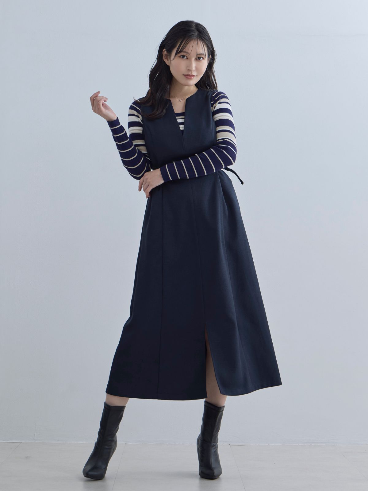 [11/20 22:00発売]スクエアネックマルチボーダーニット：ネイビー[102サイズ対応]