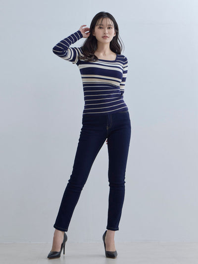 [11/20 22:00発売]スクエアネックマルチボーダーニット：ネイビー[102サイズ対応]