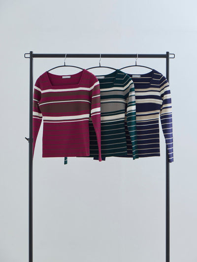 [11/20 22:00再販]スクエアネックマルチボーダーニット：ダークグリーン[102サイズ対応]