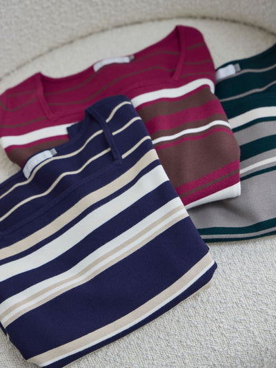 [11/20 22:00再販]スクエアネックマルチボーダーニット：ダークグリーン[102サイズ対応]