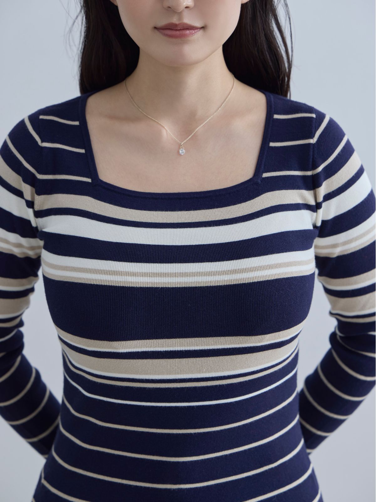 [11/20 22:00再販]スクエアネックマルチボーダーニット：ダークグリーン[102サイズ対応]