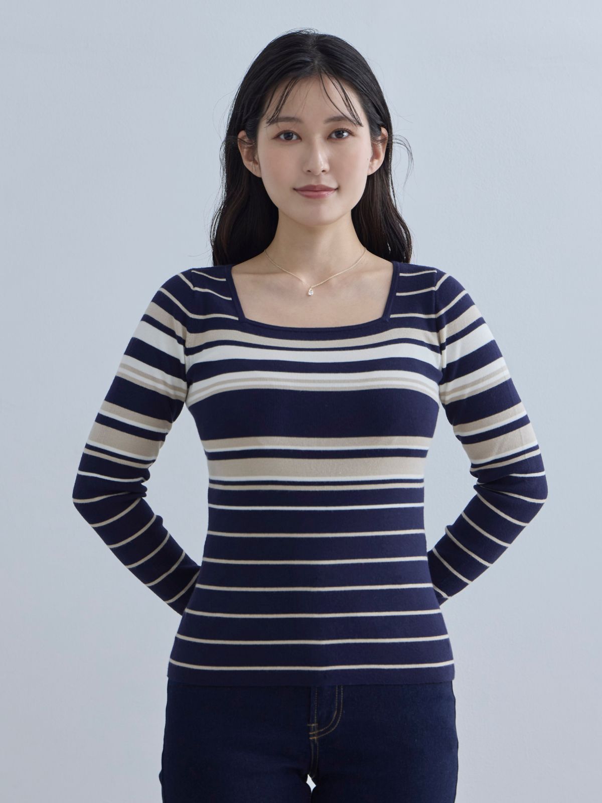 [11/20 22:00再販]スクエアネックマルチボーダーニット：ダークグリーン[102サイズ対応]