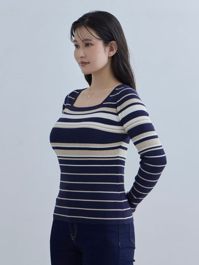 [11/20 22:00再販]スクエアネックマルチボーダーニット：ダークグリーン[102サイズ対応]