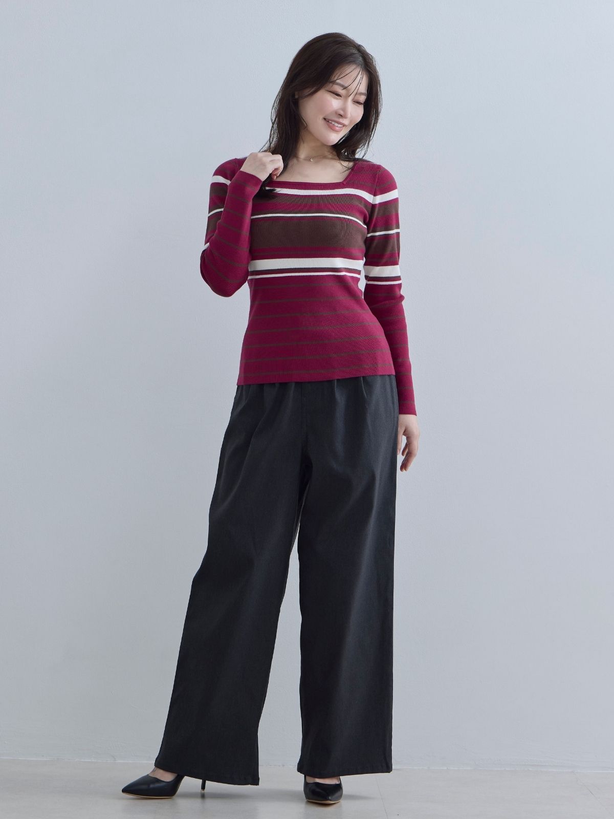 [11/20 22:00再販]スクエアネックマルチボーダーニット：ワイン[102サイズ対応]