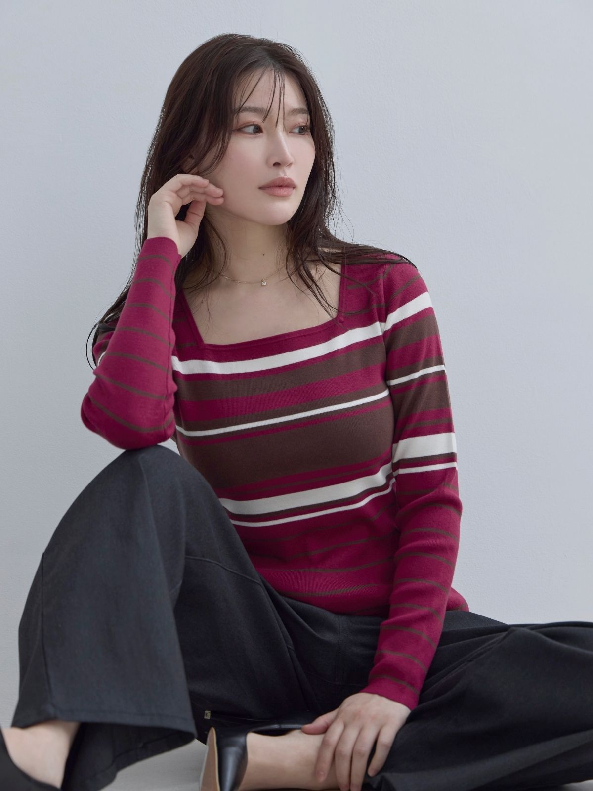 [11/20 22:00再販]スクエアネックマルチボーダーニット：ワイン[102サイズ対応]