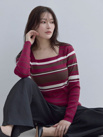 [11/20 22:00再販]スクエアネックマルチボーダーニット：ワイン[102サイズ対応]