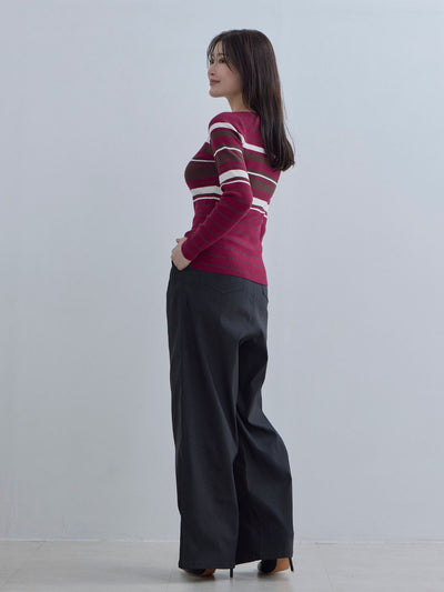 [11/20 22:00再販]スクエアネックマルチボーダーニット：ワイン[102サイズ対応]