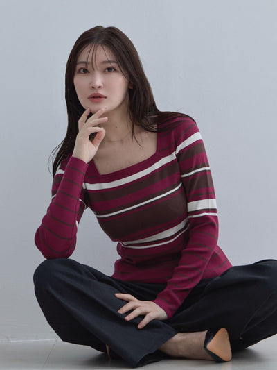 [11/20 22:00再販]スクエアネックマルチボーダーニット：ワイン[102サイズ対応]