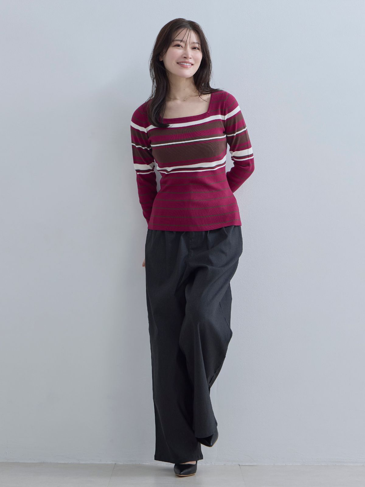 [11/20 22:00再販]スクエアネックマルチボーダーニット：ワイン[102サイズ対応]