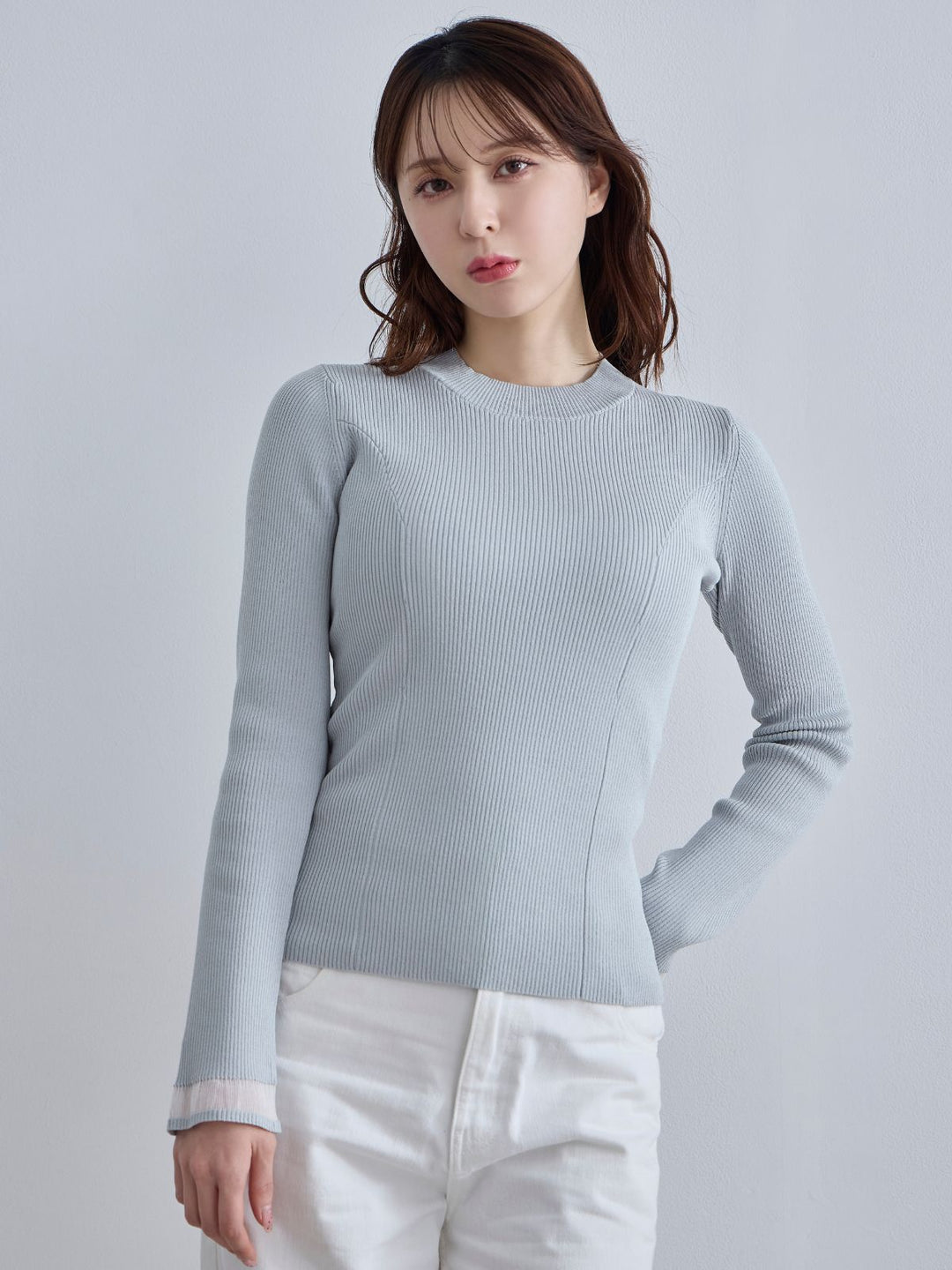 OverE　袖口シアーパネルニット：ブルーグレー　90 袖口シアーパネルニット：ブルーグレー│胸が大きな女性のための