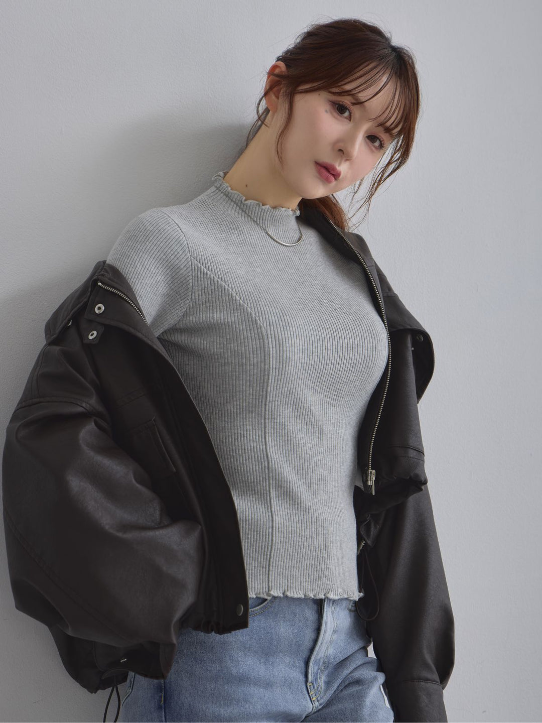 メローパネルニット：メランジグレー│胸が大きな女性のための