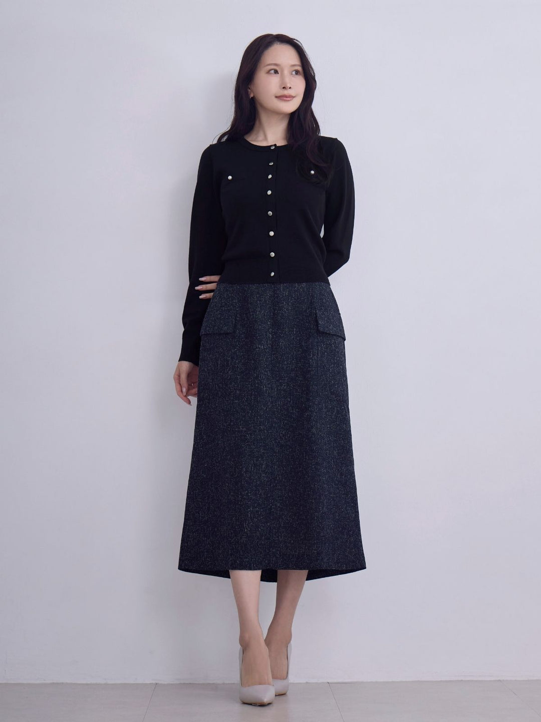 美品♡¥51,700♡Rene♡ツイードニットスカート(ウエストゴム) ツイードライクセミタイトスカート：ネイビー│胸が大きな女性のための