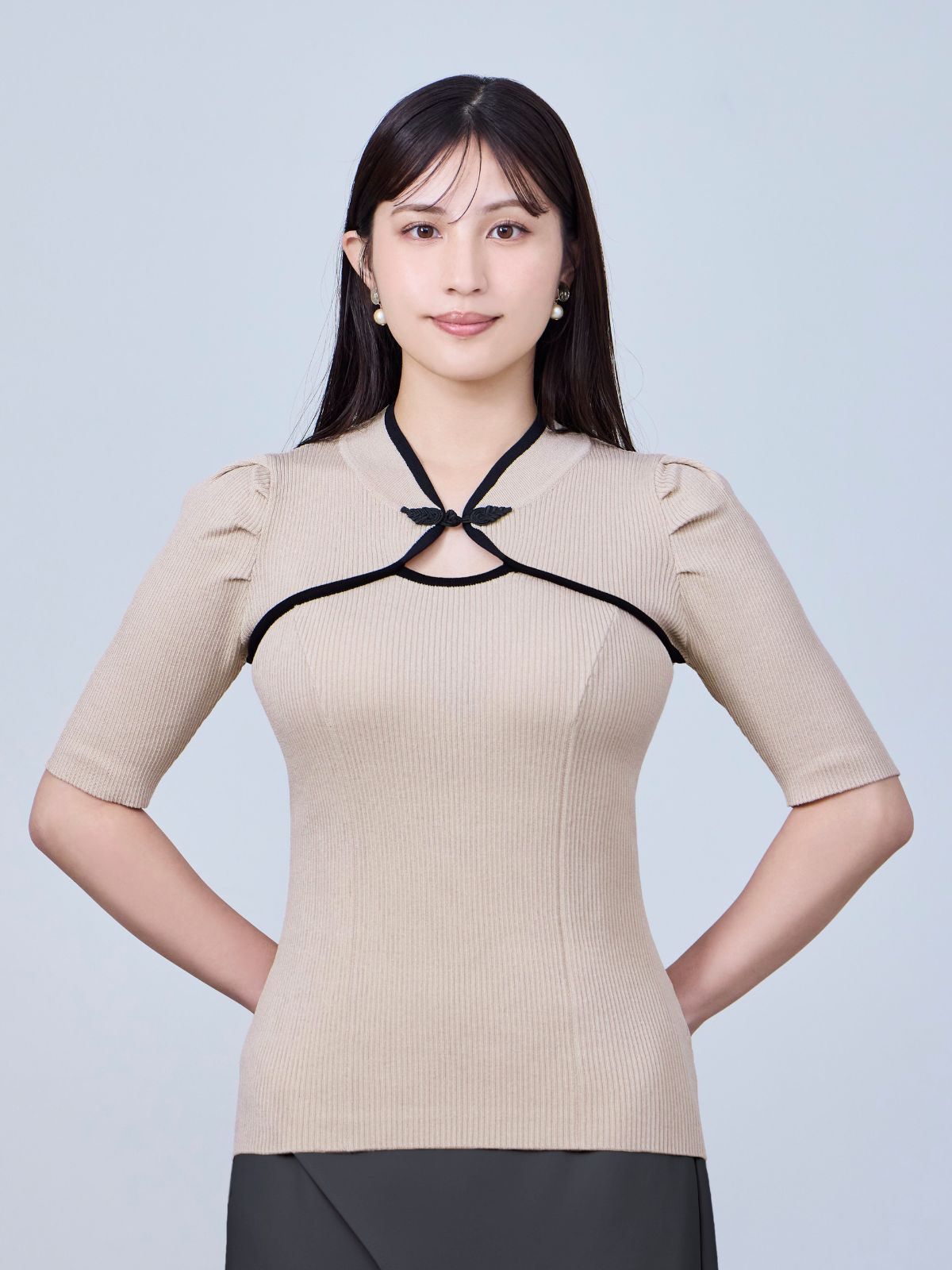 サマーチャイナケープパネルニット：ボルドー│胸が大きな女性のための