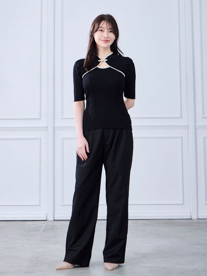 ☆美品☆overE サマーチャイナパネルニット ネイビー 96サイズ 完売品 サマーチャイナケープパネルニット：ブラックバイカラー│胸が大きな