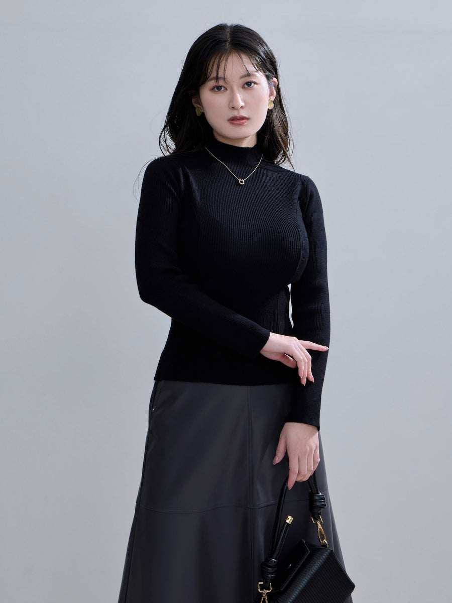 [10/8 22:00発売 期間限定 300円OFF]ハイネックパネルニット：ブラック