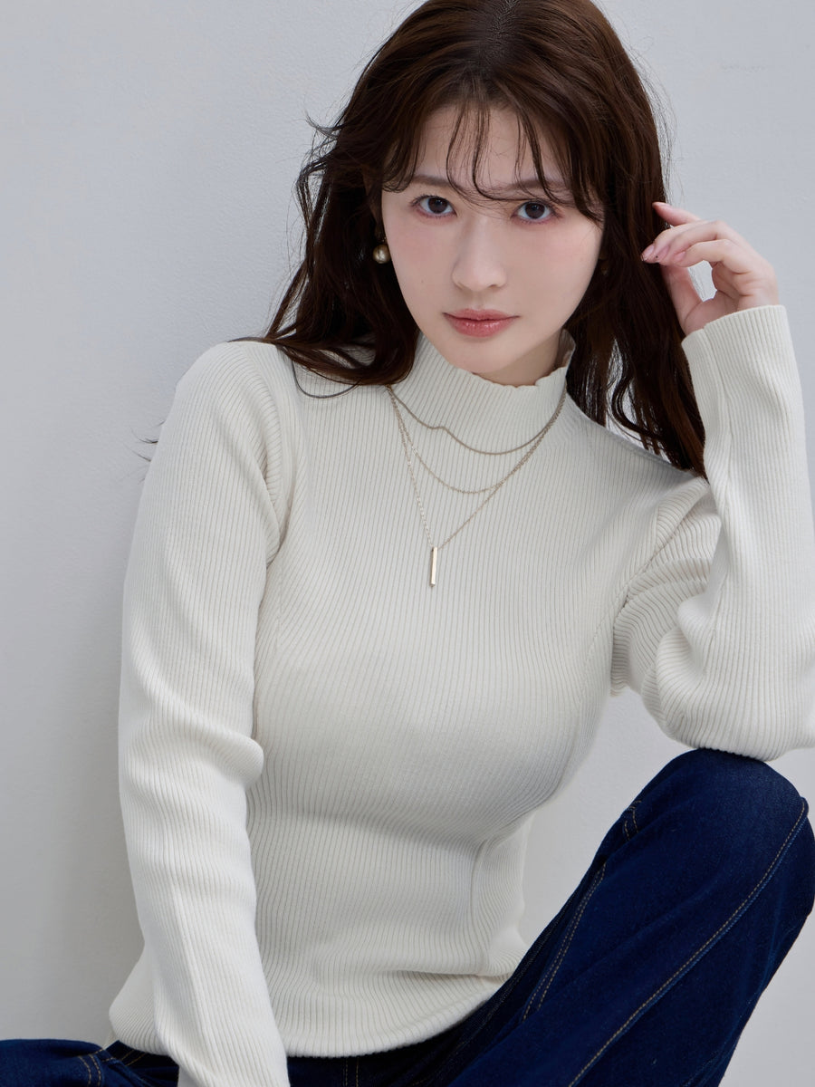 [10/8 22:00発売 期間限定 300円OFF]ハイネックパネルニット：ミルキーホワイト