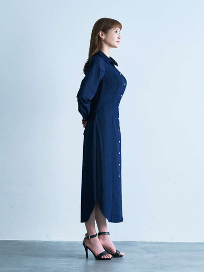 [102サイズ対応]ロングシャツワンピース：インディゴ