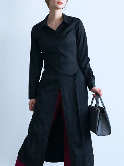 [102サイズ対応]ロングシャツワンピース：ブラック