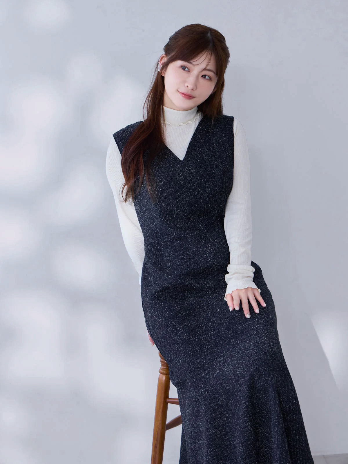 ツイードライクマーメイドワンピース：ネイビー[102サイズ対応/Tサイズ対応]