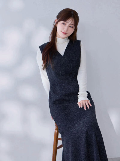 ツイードライクマーメイドワンピース：ネイビー[102サイズ対応/Tサイズ対応]