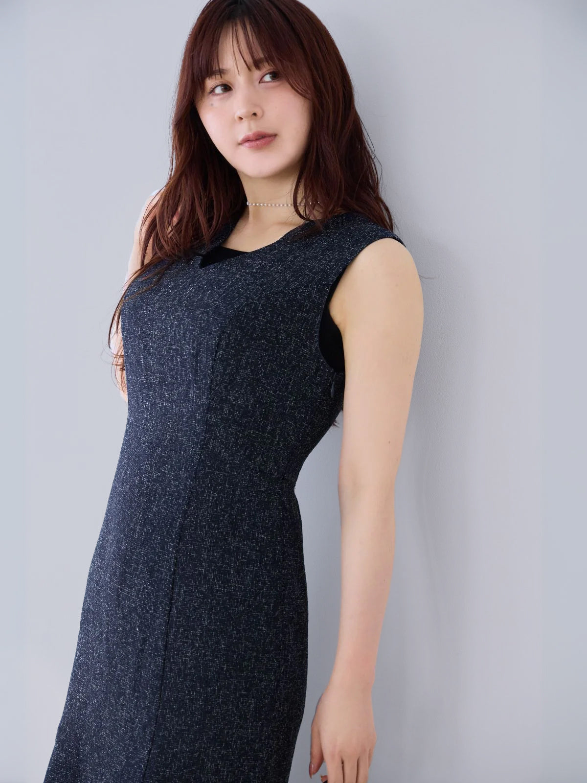 ツイードライクマーメイドワンピース：ネイビー[102サイズ対応/Tサイズ対応]