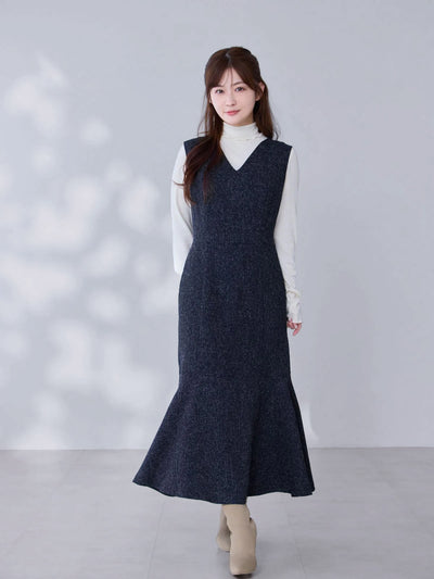 ツイードライクマーメイドワンピース：ネイビー[102サイズ対応/Tサイズ対応]