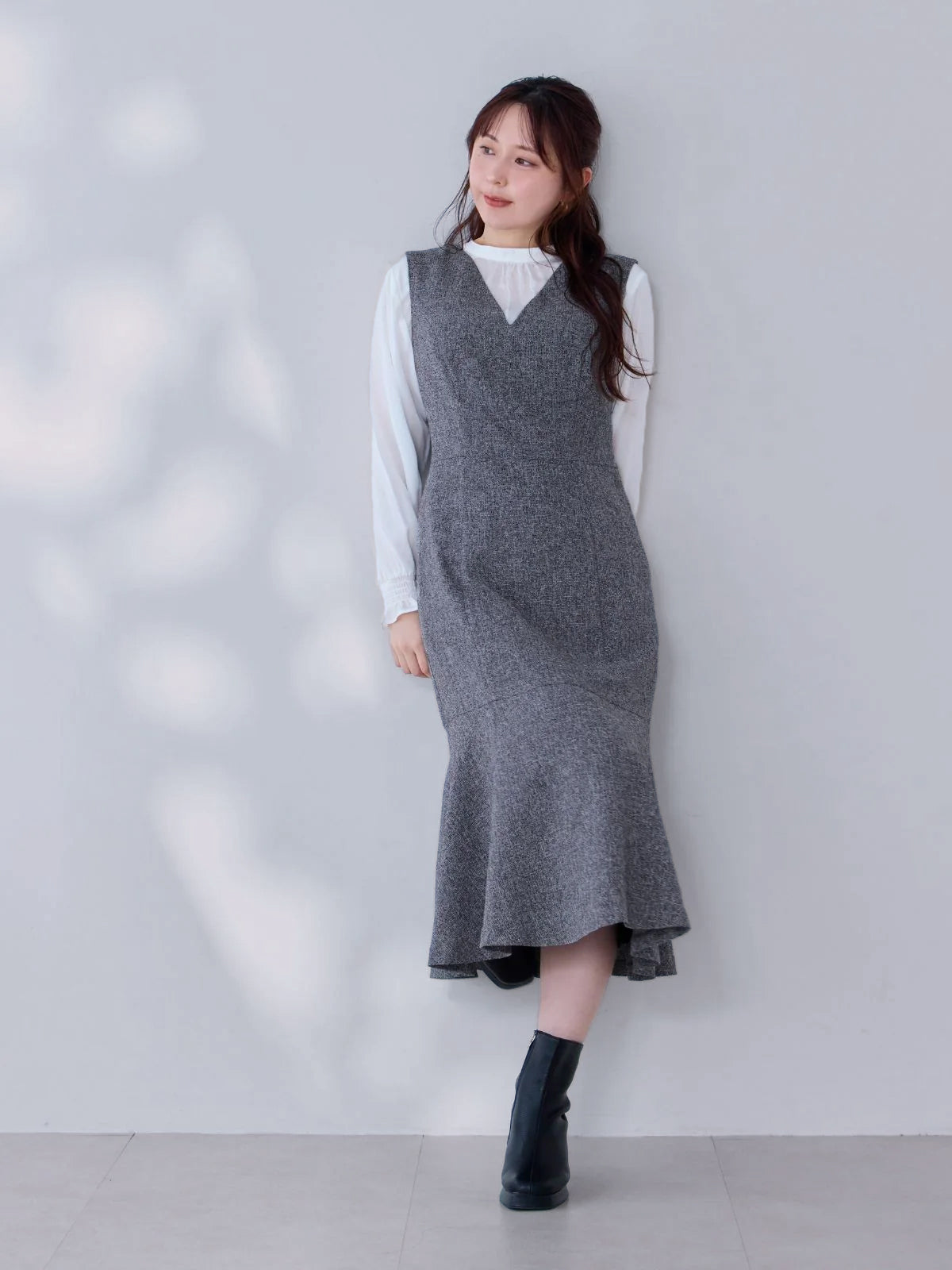 ツイードライクマーメイドワンピース：ミックスブラック[102サイズ対応/Tサイズ対応]