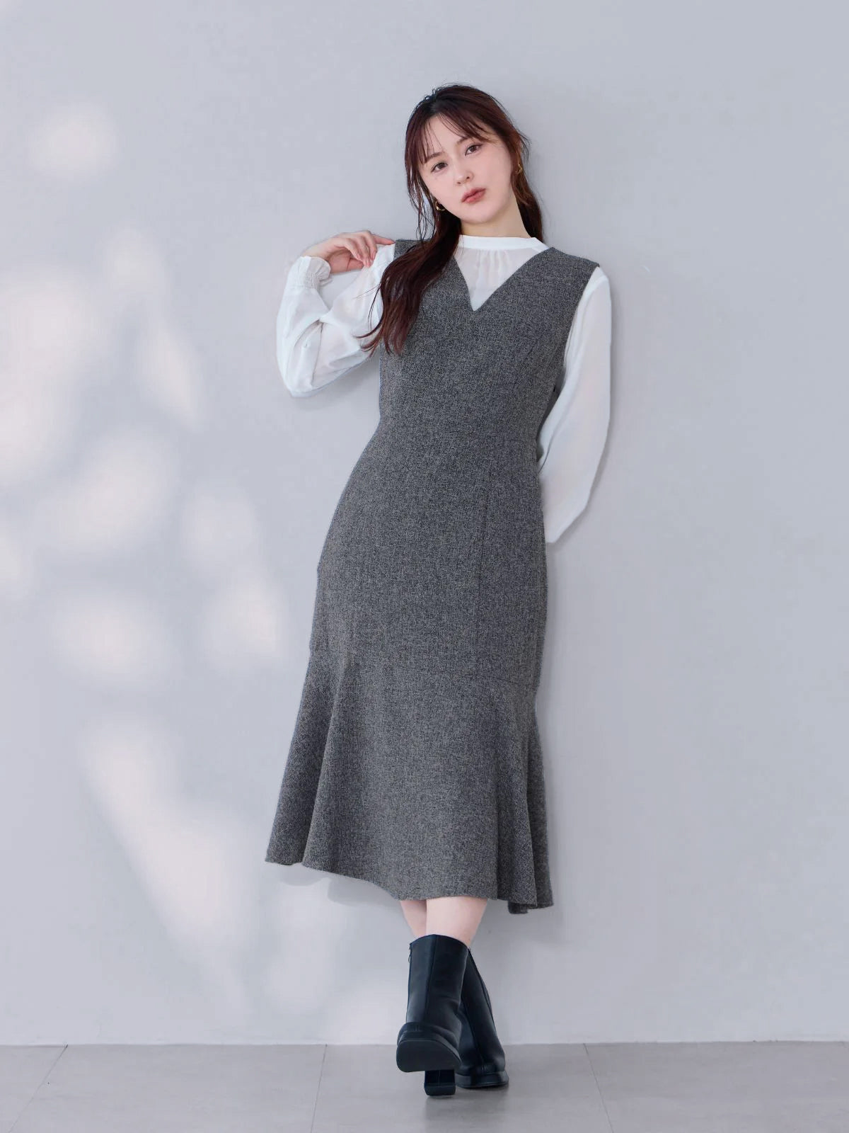 ツイードライクマーメイドワンピース：ミックスブラック[102サイズ対応/Tサイズ対応]