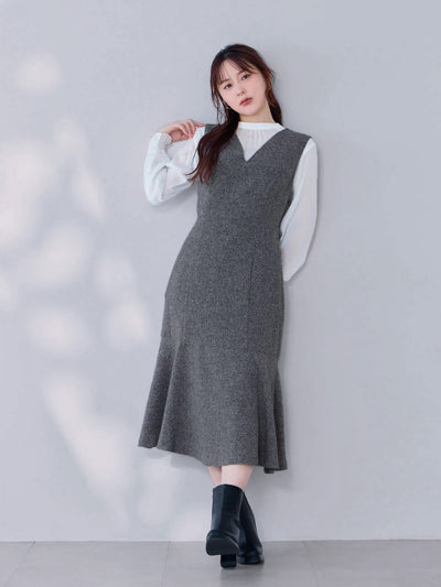 ツイードライクマーメイドワンピース：ミックスブラック[102サイズ対応/Tサイズ対応]