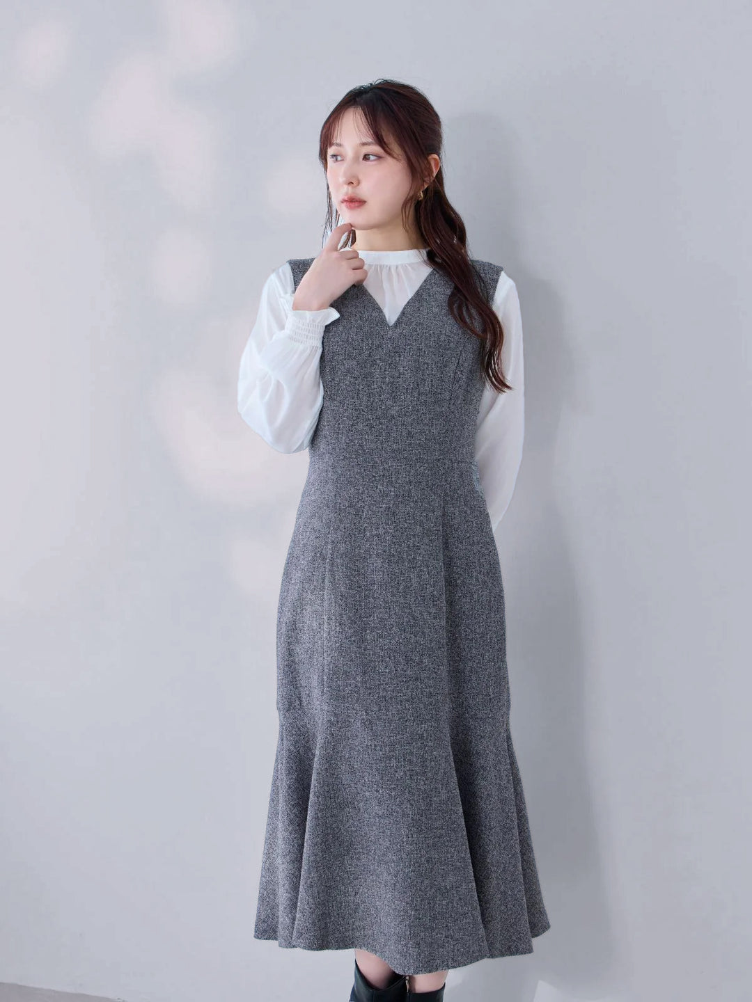 overE ツイードライクマーメイドワンピース：ネイビー　96サイズ ツイードライクマーメイドワンピース：ミックスブラック│胸が大きな