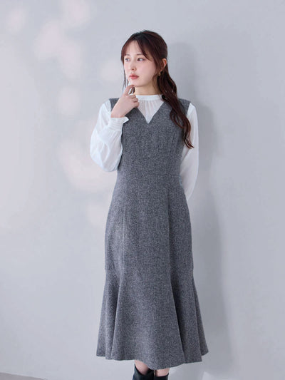 ツイードライクマーメイドワンピース：ミックスブラック[102サイズ対応/Tサイズ対応]