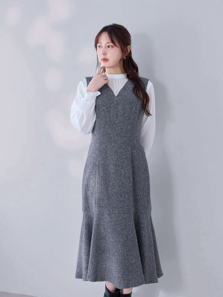 ツイードライクマーメイドワンピース：ミックスブラック│胸が大きな