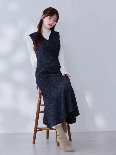 ツイードライクマーメイドワンピース：ネイビー[102サイズ対応/Tサイズ対応]