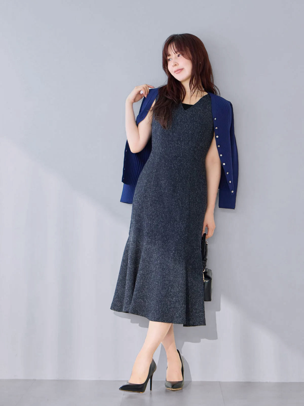 ツイードライクマーメイドワンピース：ネイビー[102サイズ対応/Tサイズ対応]