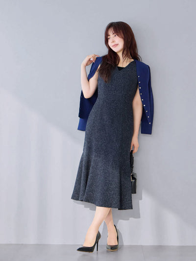 ツイードライクマーメイドワンピース：ネイビー[102サイズ対応/Tサイズ対応]