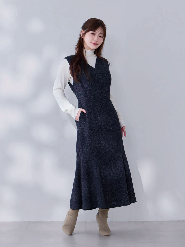 overE ツイードライクマーメイドワンピース：ネイビー　96サイズ ツイードライクマーメイドワンピース：ネイビー│胸が大きな女性のため