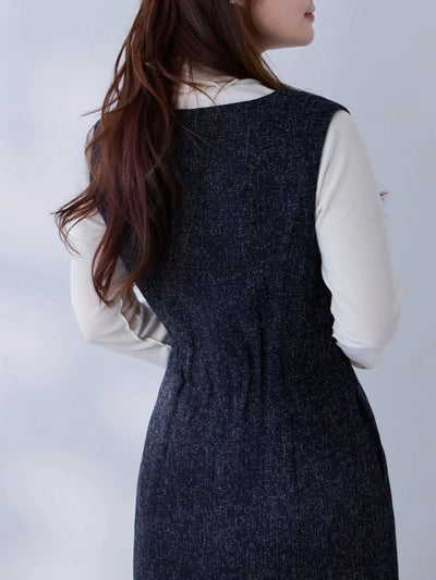ツイードライクマーメイドワンピース：ネイビー[102サイズ対応/Tサイズ対応]
