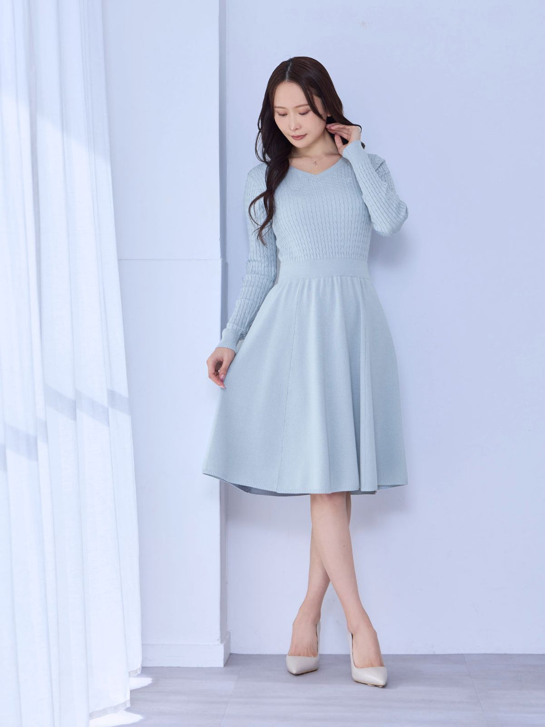 overE’s HOLIDAY Aラインケーブルニットワンピース ネイビー 90 overE's HOLIDAY Aラインケーブルニットワンピース：ネイビー