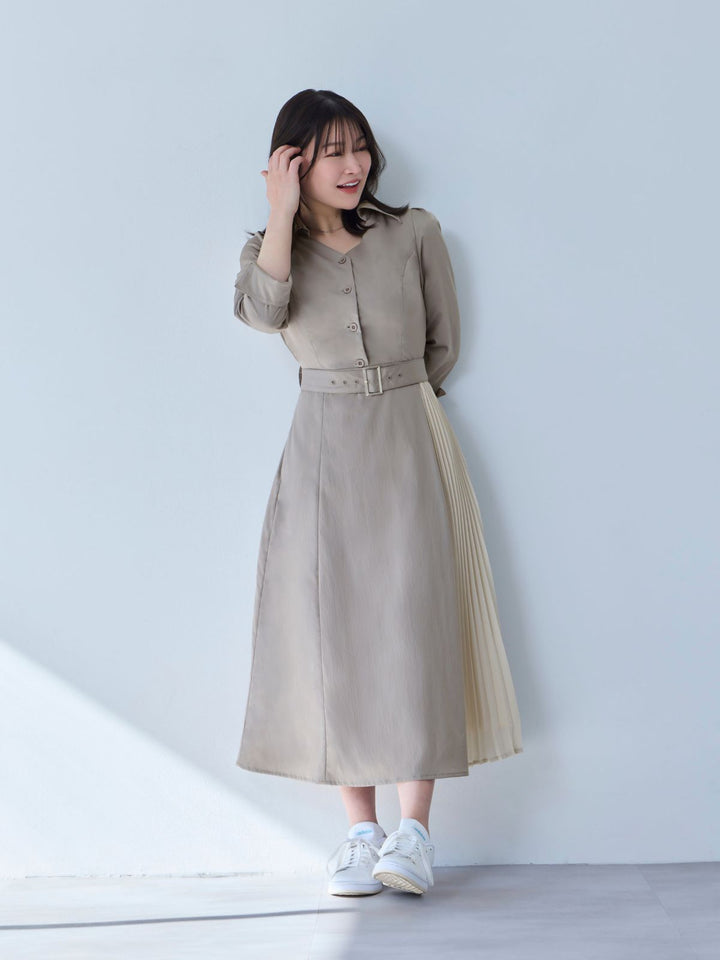 オーバーイー　シャツプリーツワンピース　over E サイズ96 2025年購入 シャツプリーツワンピース 25SS：モカ│胸が大きな女性のための