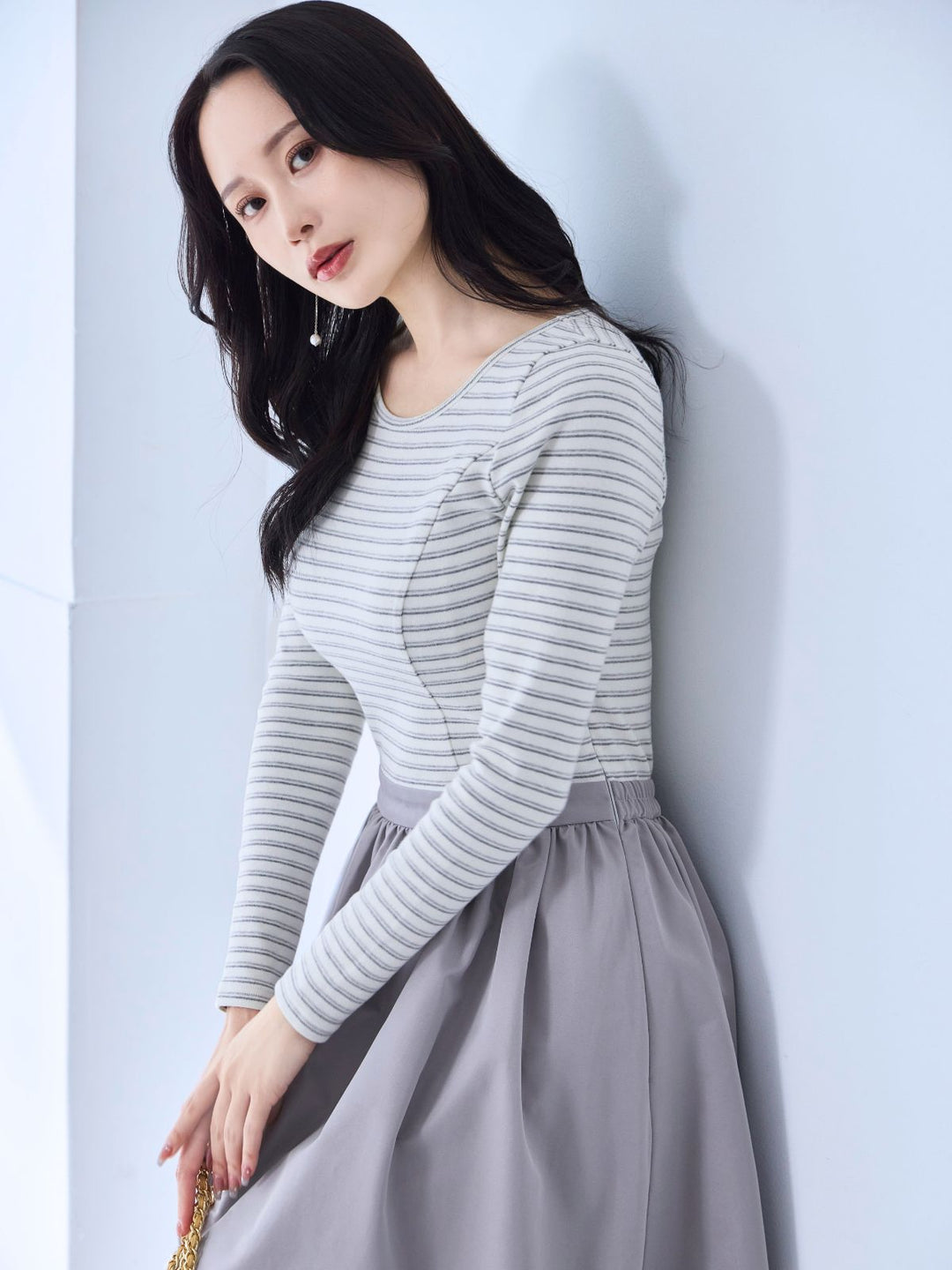 カットドッキングワンピース：グレーボーダー│胸が大きな女性の