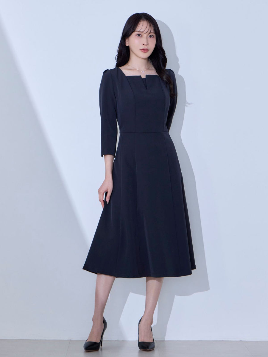 [2/12 22:00再販 期間限定 500円OFF]7分袖スクエアネックフレアワンピース：ネイビー[102サイズ対応/入荷次第発送]