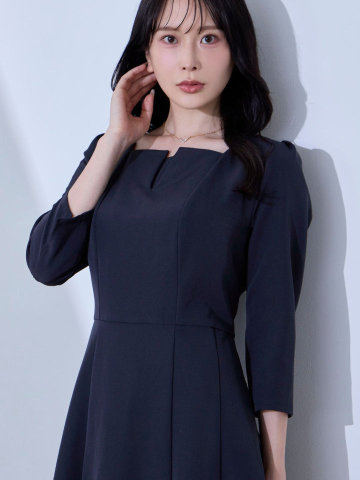 ネイビー フレアワンピース サイズ38 小さいサイズ 半袖ドッキングフレアワンピース 低身長さん・小柄