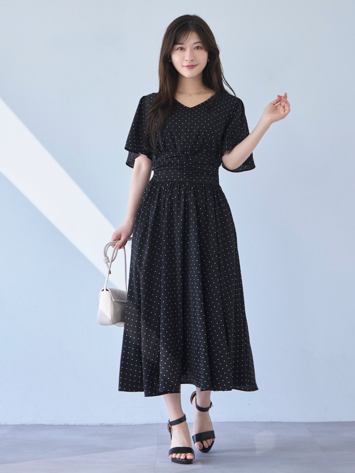 [7/3 22:00発売 期間限定 500円OFF]ウエストシャーリングワンピース 25SS：ブラックドット[102サイズ対応/入荷次第発送]