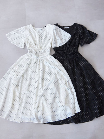 [7/3 22:00発売 期間限定 500円OFF]ウエストシャーリングワンピース 25SS：ブラックドット[102サイズ対応/入荷次第発送]