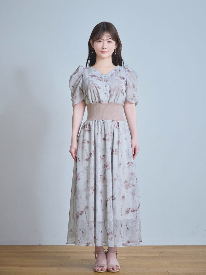 overE フラワーシフォンウエストリブワンピース フラワーシフォンウエストリブワンピース：ブルー│胸が大きな